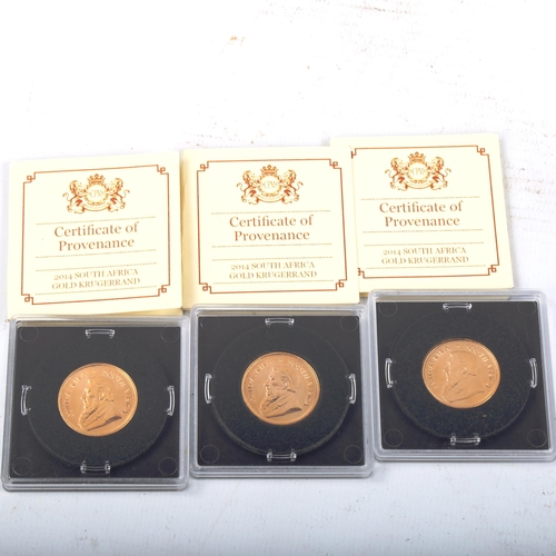 184 - 3 x South African 2014 1/4oz fine gold Krugerrand coins, cased with certificates of provenance (3)