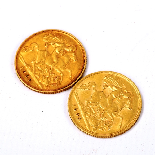 187 - 2 x Edward VII gold half sovereign coins, comprising 1906 and 1908, 7.9g total (2)