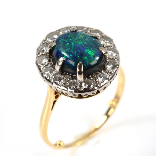 201 - An 18ct gold black opal and diamond oval cluster ring, set with oval cabochon opal and modern round ... 