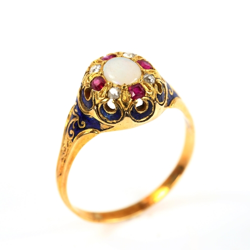 203 - An Antique Continental opal ruby diamond and blue enamel dress ring, unmarked gold settings, setting... 