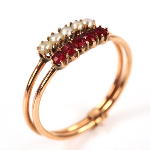 206 - A Victorian 9ct rose gold ruby and pearl conjoined ring, setting height 5.1mm, size M, 0.9g