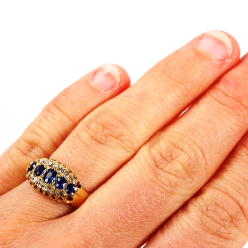 207 - An early/mid-20th century 18ct gold sapphire and diamond cluster half hoop ring, set with oval-cut s... 