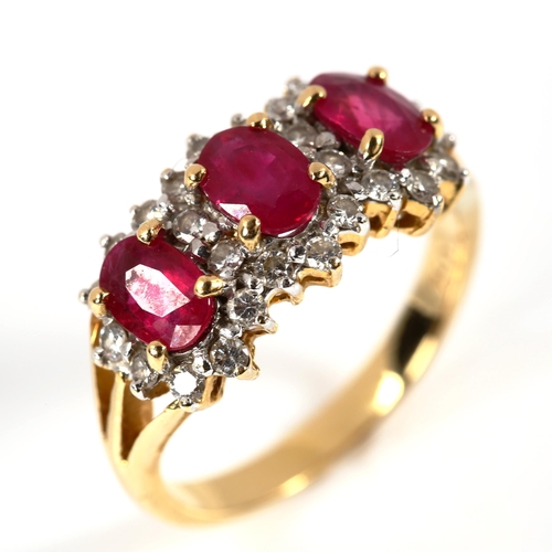 208 - A modern 18ct gold ruby and diamond triple cluster ring, set with oval mixed-cut ruby and modern rou... 