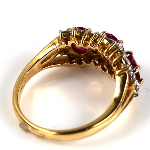 208 - A modern 18ct gold ruby and diamond triple cluster ring, set with oval mixed-cut ruby and modern rou... 