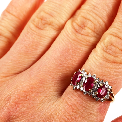 208 - A modern 18ct gold ruby and diamond triple cluster ring, set with oval mixed-cut ruby and modern rou... 