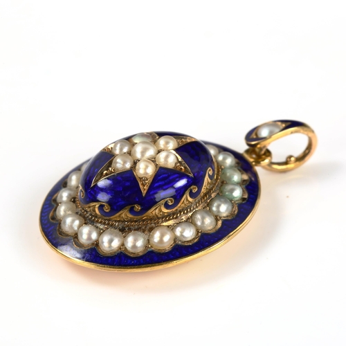 210 - An Antique unmarked gold split pearl and blue enamel memorial pendant, with central bombe star motif... 