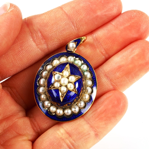 210 - An Antique unmarked gold split pearl and blue enamel memorial pendant, with central bombe star motif... 