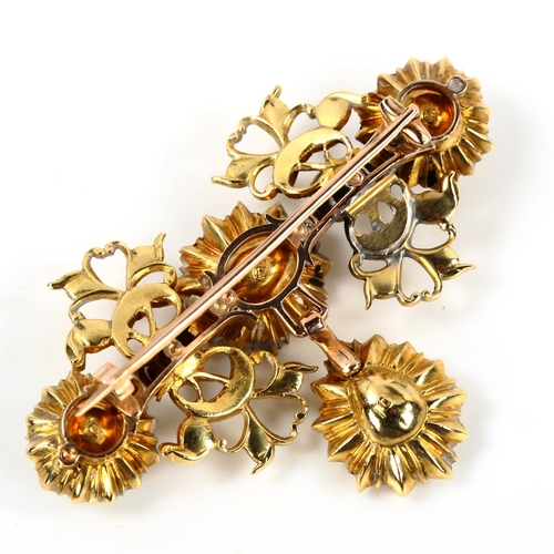 217 - An Indian unmarked gold rose-cut diamond floral brooch, with pendant drop, brooch width 53.6mm, heig... 