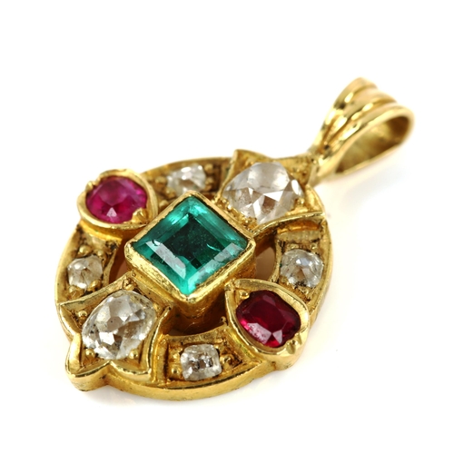 218 - A small Continental unmarked gold emerald ruby and diamond pendant, set with old-cut diamonds, penda... 