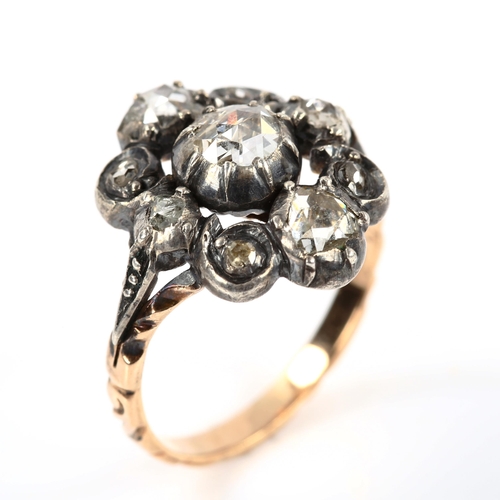 221 - A Georgian rose-cut diamond dress ring, unmarked rose gold settings with silver tops, and Dutch rose... 