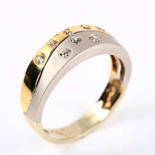 222 - A 14ct two-colour gold diamond band ring, set with modern round brilliant-cut diamonds, setting heig... 