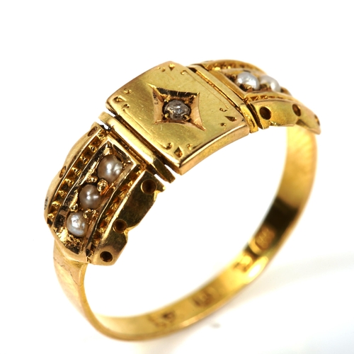 227 - A Victorian 15ct gold diamond and pearl dress ring, hallmarks Birmingham 1886, setting height 7.6mm,... 