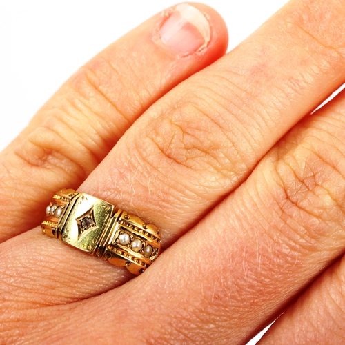 227 - A Victorian 15ct gold diamond and pearl dress ring, hallmarks Birmingham 1886, setting height 7.6mm,... 