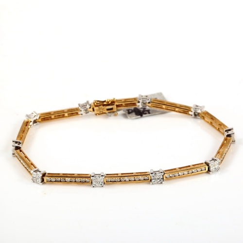 228 - A modern 9ct gold diamond line bracelet, set with Princess and modern round brilliant-cut diamonds, ... 