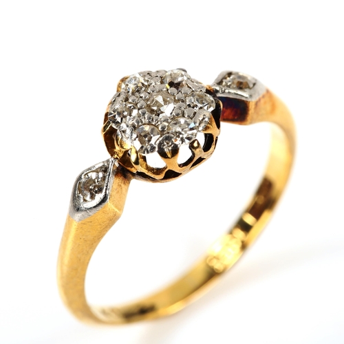 232 - An 18ct gold diamond cluster dress ring, set with single-cut diamonds, setting height 7.2mm, size J,... 