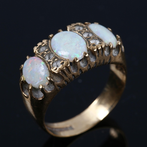 235 - A 9ct gold seven stone opal and paste half hoop ring, setting height 9.7mm, size O, 4.6g