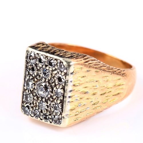 239 - A large unmarked gold diamond signet ring, set with modern round brilliant-cut diamonds, total diamo... 