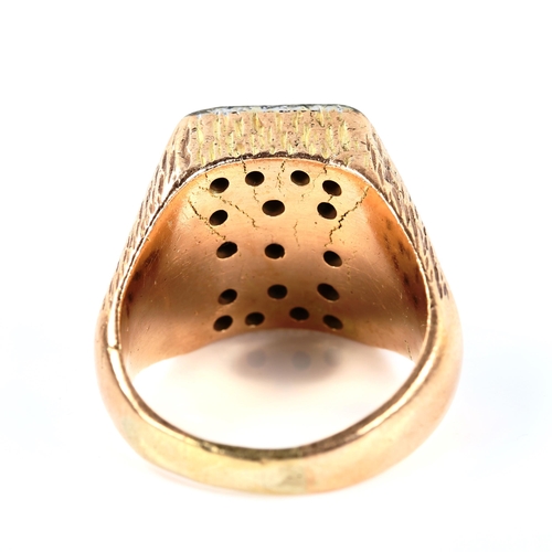 239 - A large unmarked gold diamond signet ring, set with modern round brilliant-cut diamonds, total diamo... 