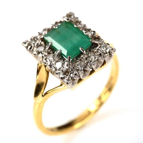 244 - An 18ct gold emerald and diamond rectangular cluster ring, set with emerald step-cut emerald and rou... 