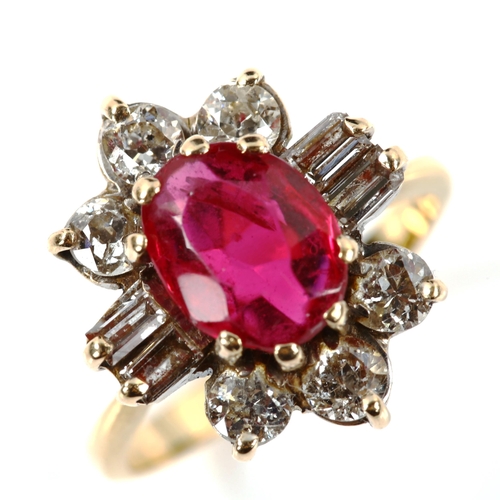 245 - A mid/late 20th century ruby and diamond cluster dress ring, unmarked gold settings with oval mixed-... 