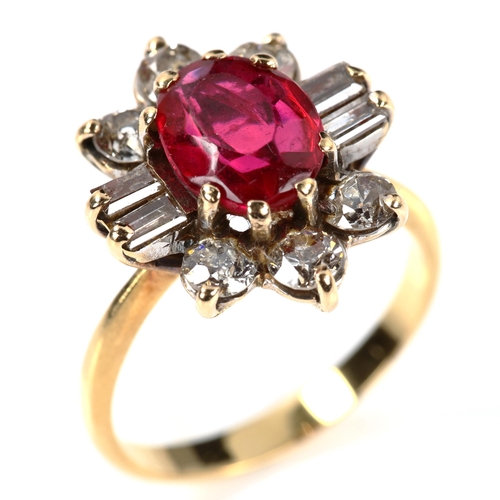 245 - A mid/late 20th century ruby and diamond cluster dress ring, unmarked gold settings with oval mixed-... 