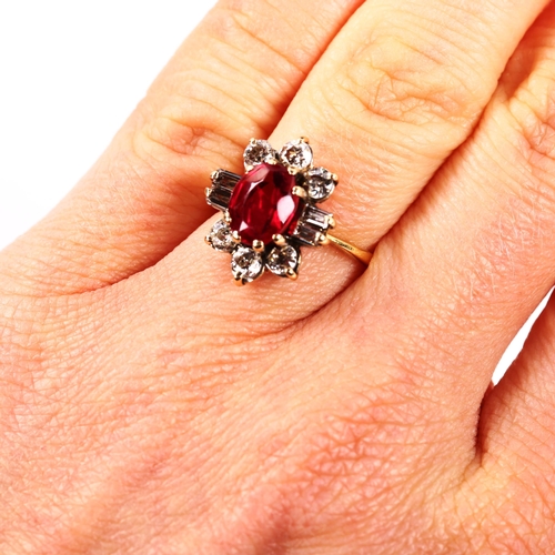 245 - A mid/late 20th century ruby and diamond cluster dress ring, unmarked gold settings with oval mixed-... 