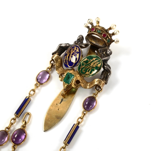 255 - A 19th French silver and gold gem set chatelaine/fob, with figural supported crown buckle set with e... 