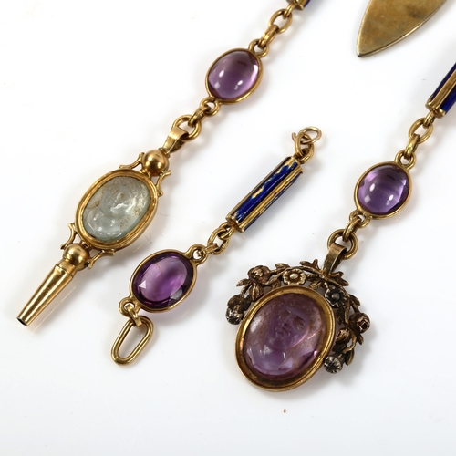 255 - A 19th French silver and gold gem set chatelaine/fob, with figural supported crown buckle set with e... 