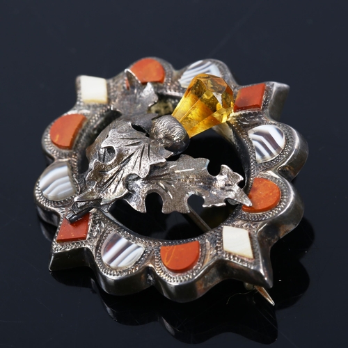 260 - A Scottish sterling silver hardstone thistle brooch, set with citrine banded agate and jasper, brooc... 