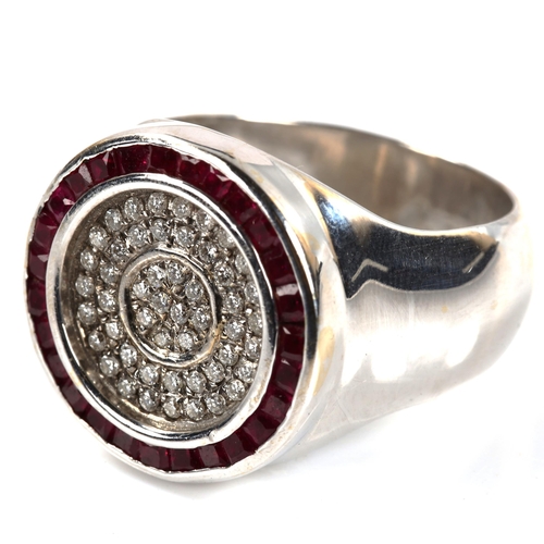 272 - A large modern 18ct white gold ruby and diamond cluster target ring, set with calibre-cut rubies and... 