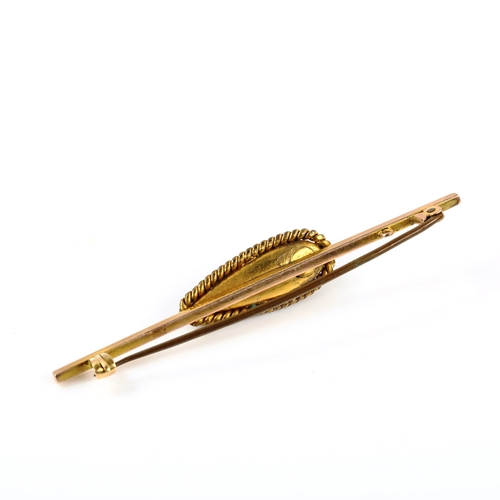 273 - A 19th century cabochon garnet bar brooch, unmarked gold settings, brooch length 65.4mm, 5.8g