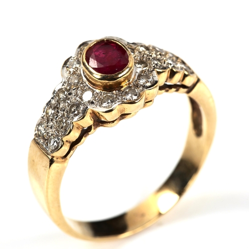 284 - A large 9ct gold ruby and diamond cluster ring, set with oval mixed-cut ruby and modern round brilli... 