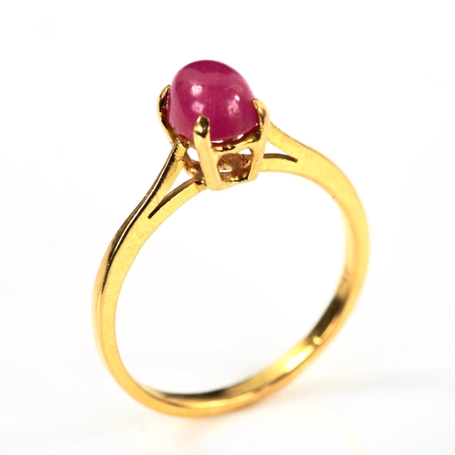 291 - A modern 18ct gold cabochon ruby dress ring, ruby measures: 7.00mm x 5.42mm x 4.20mm, size N, 2.3g