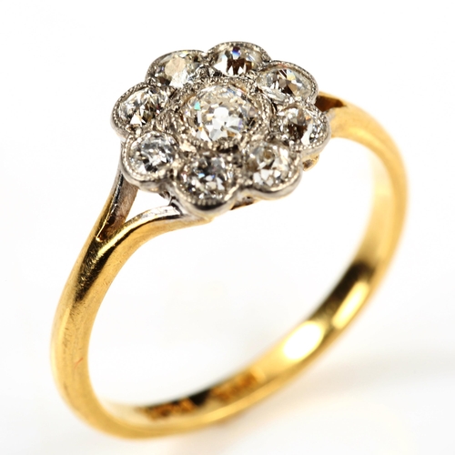 292 - An 18ct gold diamond flowerhead cluster ring, platinum tops with old European-cut diamonds, total di... 