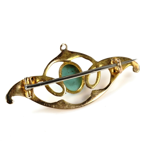 296 - An Art Nouveau unmarked gold turquoise openwork brooch, in the style of Murrle Bennett, set with ova... 