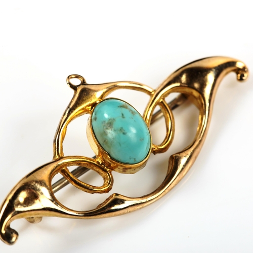 296 - An Art Nouveau unmarked gold turquoise openwork brooch, in the style of Murrle Bennett, set with ova... 