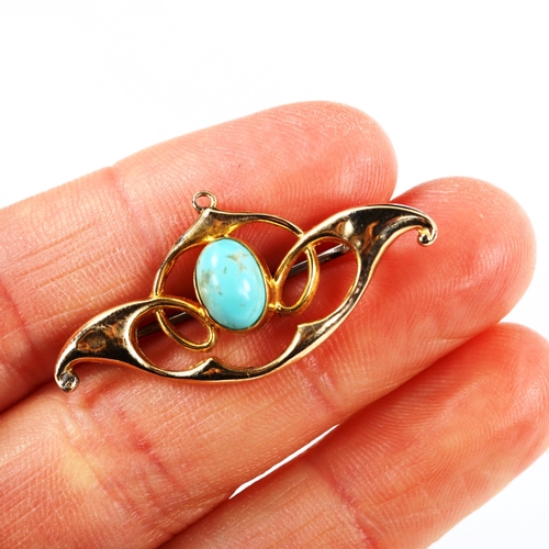 296 - An Art Nouveau unmarked gold turquoise openwork brooch, in the style of Murrle Bennett, set with ova... 