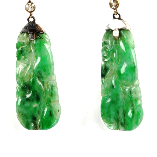 297 - A pair of Art Deco jade and diamond gourd drop earrings, unmarked white metal settings with carved d... 