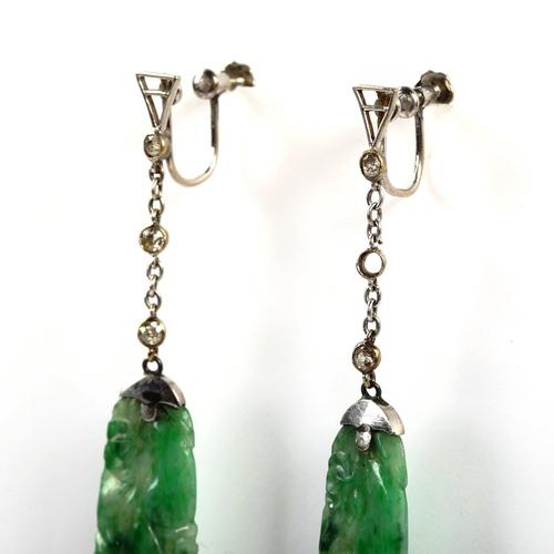 297 - A pair of Art Deco jade and diamond gourd drop earrings, unmarked white metal settings with carved d... 