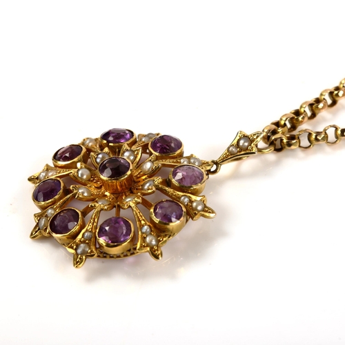 298 - A Victorian unmarked gold amethyst and split pearl flowerhead pendant necklace, on 9ct belcher link ... 