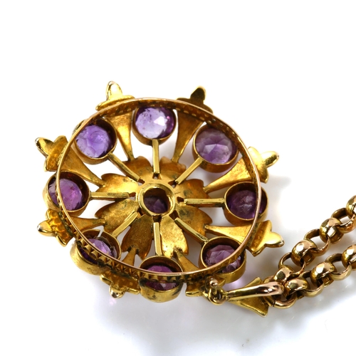 298 - A Victorian unmarked gold amethyst and split pearl flowerhead pendant necklace, on 9ct belcher link ... 