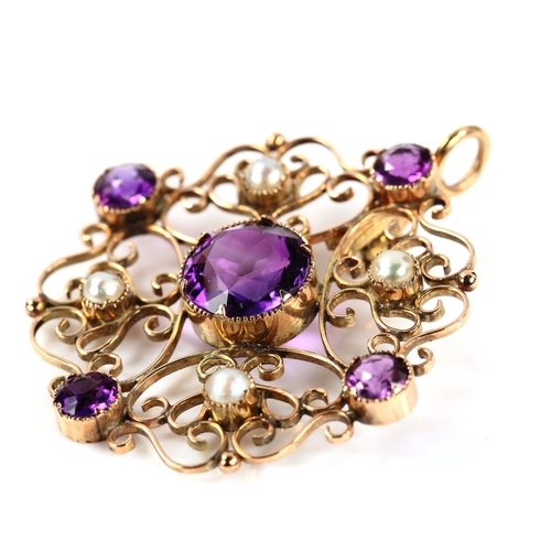 301 - An Edwardian unmarked rose gold amethyst and pearl openwork pendant, pendant height 38.1mm, 4.5g