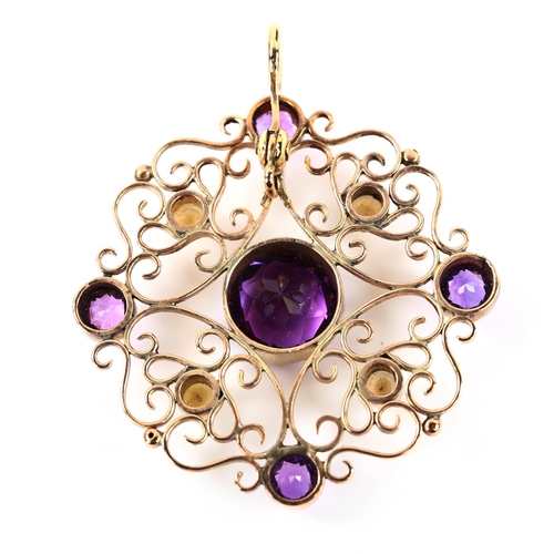 301 - An Edwardian unmarked rose gold amethyst and pearl openwork pendant, pendant height 38.1mm, 4.5g