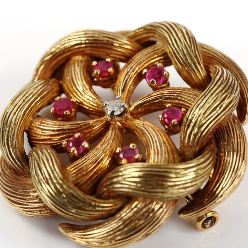 306 - A French gold ruby and diamond woven brooch, diameter 34.8mm, 19.8g