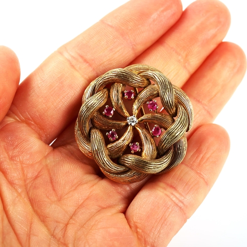 306 - A French gold ruby and diamond woven brooch, diameter 34.8mm, 19.8g