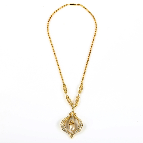 311 - A large modern Continental 18ct gold Baroque pearl and diamond pendant necklace, set with modern rou... 