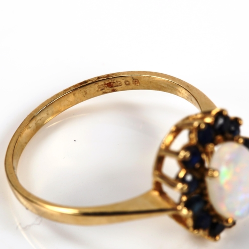 312 - A 9ct gold opal and sapphire oval cluster ring, set with oval cabochon opal and round-cut sapphire, ... 