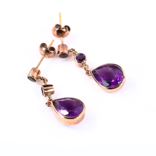 331 - A pair of 9ct rose gold amethyst drop earrings, set with pear and round-cut amethysts, earring heigh... 