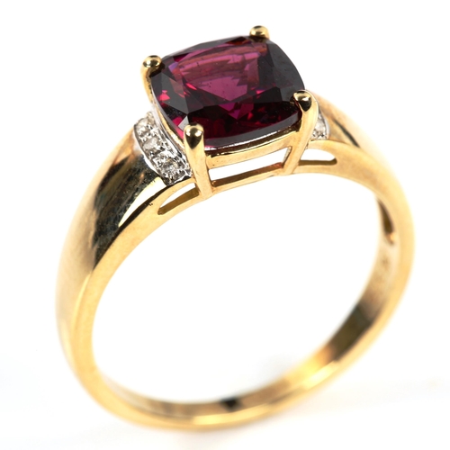 334 - A modern 9ct gold rhodolite garnet and diamond dress ring, setting height 8mm, size R, 3.3g