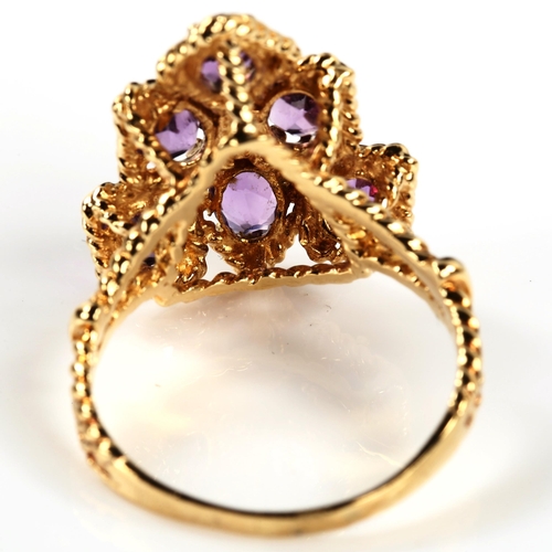 335 - A modern 9ct gold amethyst grape ring set with oval-cut amethysts, setting height 20.6mm, size Q, 4.... 